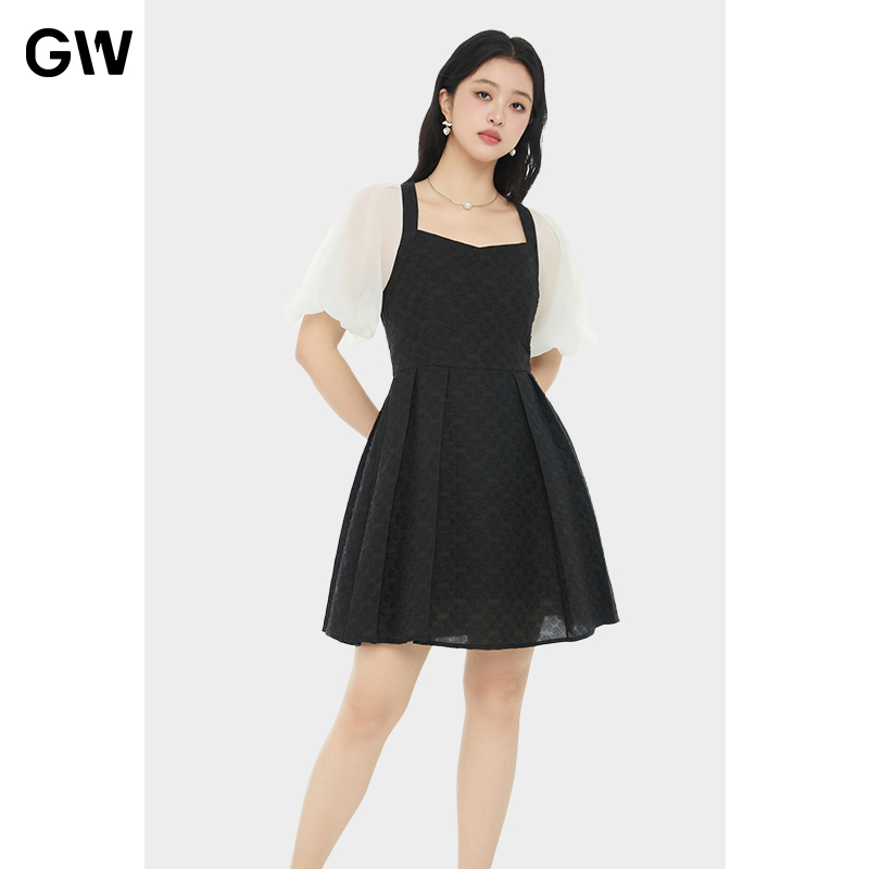GW大码女装赫本风方领连衣裙2025夏季新款胖mm收腰显瘦藏肉网纱裙