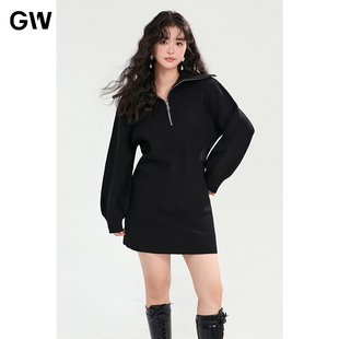 新款 GW大码 大翻领针织连衣裙2025秋季 女装 微胖mm减龄显瘦裙子 时尚