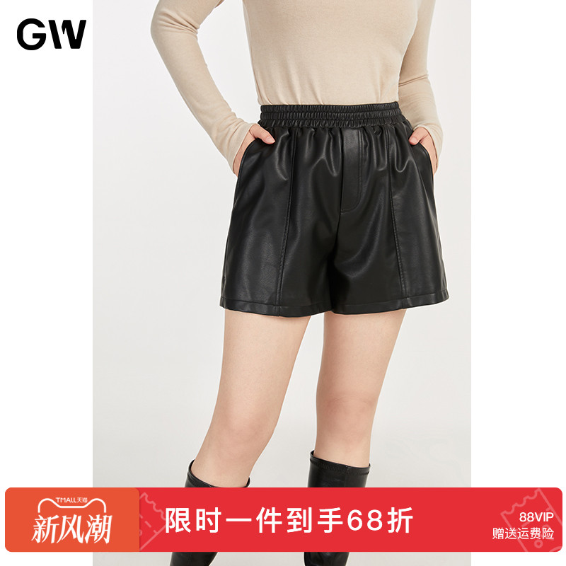 GW大码女装高腰PUa字版皮裤子2025秋新款微胖mm时尚百搭显瘦短裤