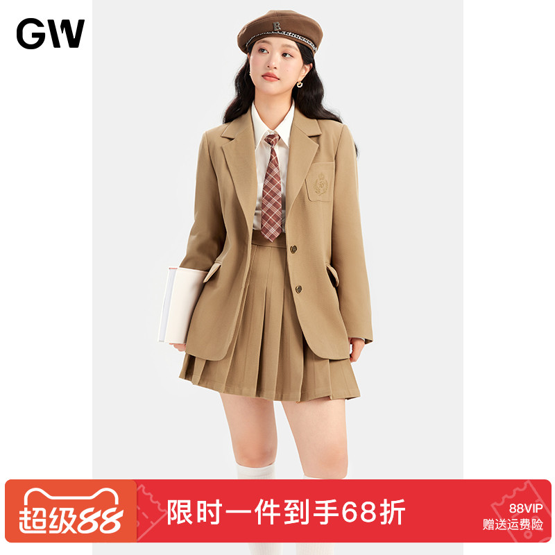 GW大码女装学院风气质西装外套百褶短裙套装2025秋季新款微胖mm女