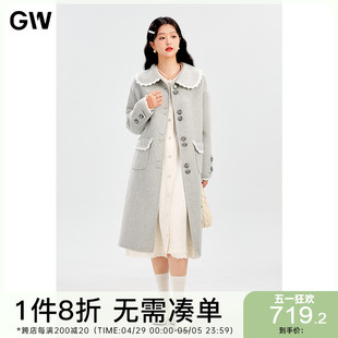 新款 GW大码 女装 森系减龄花边娃娃领显瘦毛呢大衣2024春季 微胖mm女