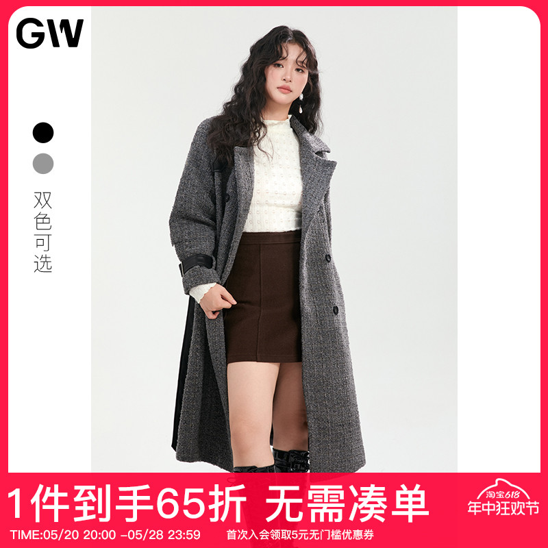 GW大码女装毛呢大衣女2024春冬季新款微胖mm显瘦气质毛呢羊毛外套