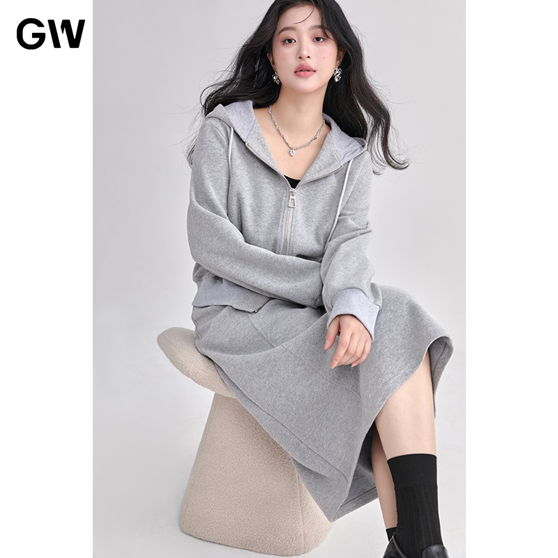 GW大码女装简约休闲卫衣套装2025秋季新款微胖mm直筒半身裙上衣女