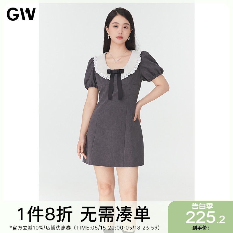 GW大码女装法式娃娃领连衣裙2024夏季新款微胖mm收腰显瘦多巴胺裙