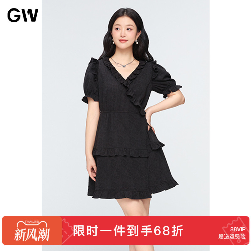 GW大码女装气质泡泡袖名媛轻熟V领黑色连衣裙2025夏季新款微胖mm