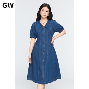 女装 牛仔薄款 GW大码 法式 微胖mm显瘦 复古赫本风连衣裙2025夏季 现款