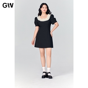 女装 泡泡短袖 GW大码 法式 微胖mm显瘦高腰A字裙 连衣裙2025夏季 新款