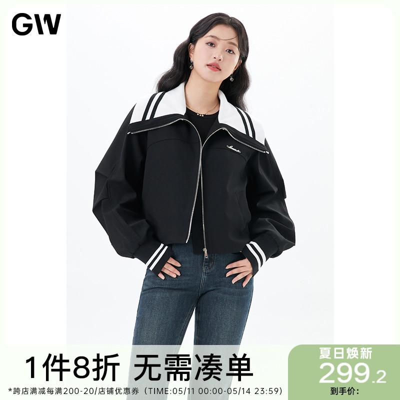 GW大码女装设计感大翻领直筒显瘦短外套2024春季新款微胖mm夹克女-封面