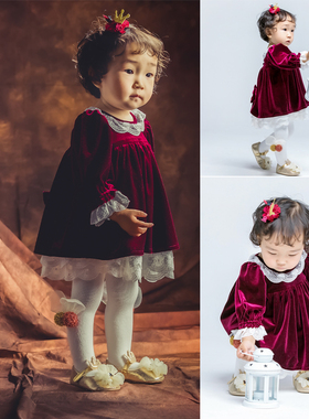 婴儿周岁秋冬礼服衣服礼盒套装女宝宝连体裙纯棉百日金丝绒公主裙