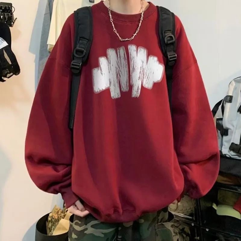 涂鸦印花圆领加绒卫衣男款男士卫衣美式复古情侣上衣潮牌长袖t恤