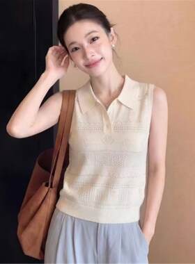 正品哥家新2026夏短款镂空翻领冰丝背心女气质显瘦无袖T恤上衣