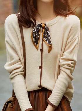 正品哥家新新款2025春专柜正品小香风领口配丝巾针织毛衣开衫女