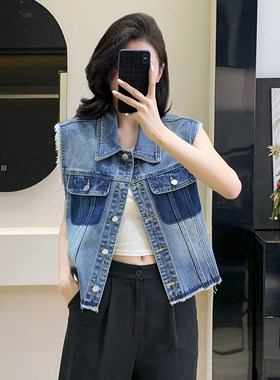 正品哥家新2025春夏流苏牛仔马甲背心女无袖上衣撞色坎肩短外套
