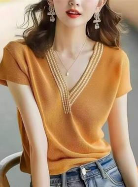 正品哥家新2025夏新款橙色独特V领条纹短袖冰丝t恤宽松休闲上衣女