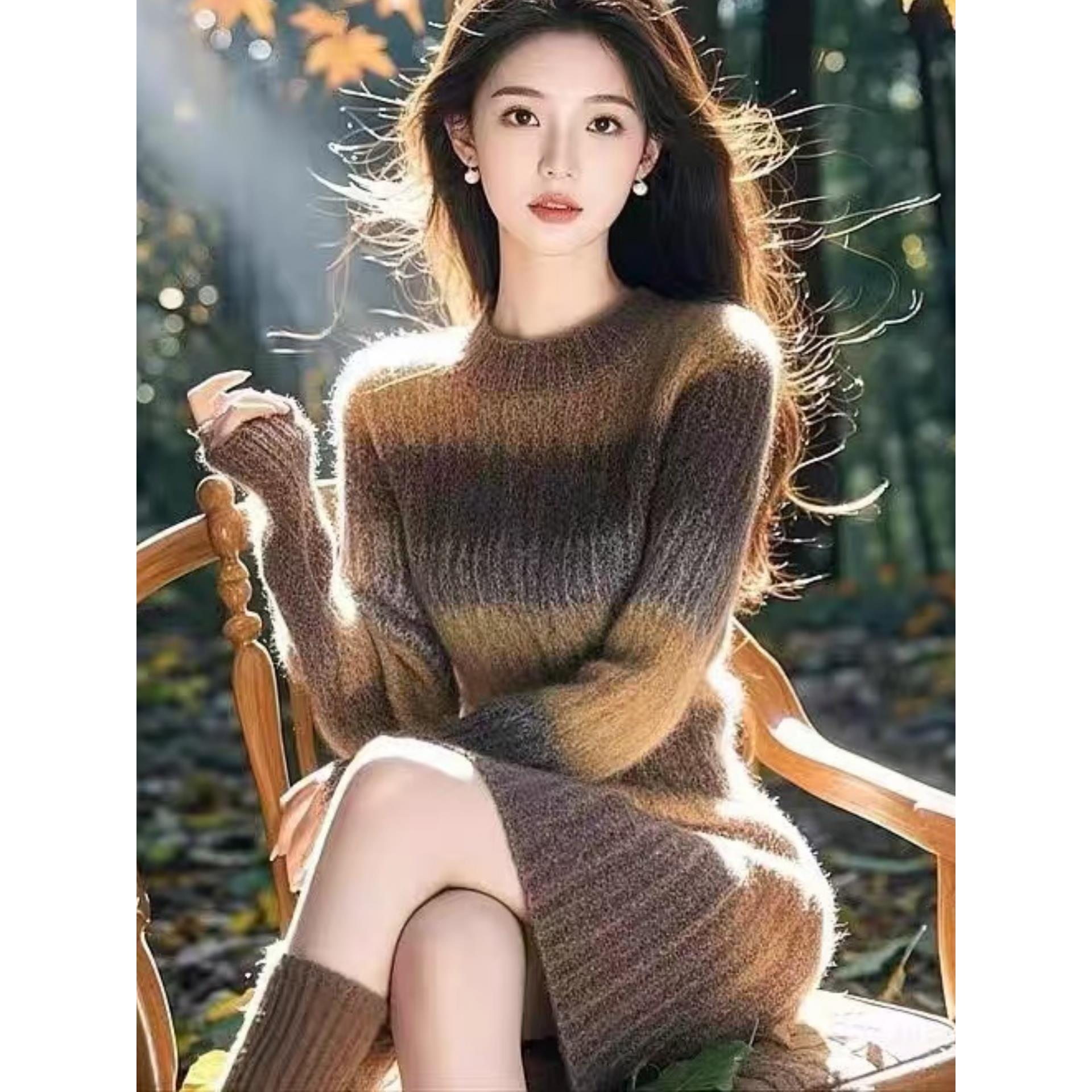 白领哥弟新2025秋冬新款撞色收腰针织包臀裙圆领长袖毛衣连衣裙