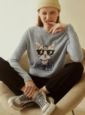 正品哥家新新款2025春秋减龄日系卡通猫羊绒衫针织打底衫毛衣女