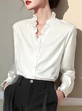 正品哥家新2026春秋季法式木耳边V领长袖衬衫高级感轻奢上衣女