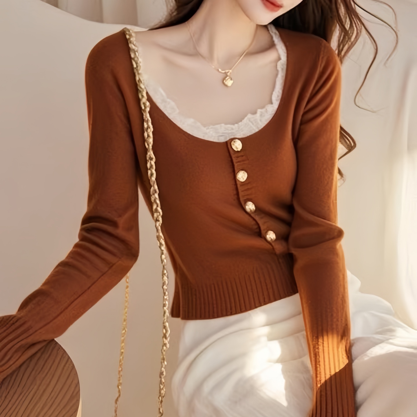 白领哥弟新2025秋冬时尚洋气蕾丝拼接针织衫女假两件长袖打底衫