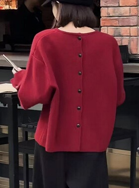 正品哥家新2025冬季时尚红色后背扣针织衫休闲宽松显瘦毛衣上衣