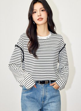 正品哥家新2026春秋韩版撞色条纹长袖T恤女宽松圆领落肩袖卫衣