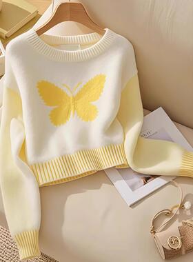 正品哥家新2025秋冬小香风黄色蝴蝶针织衫宽松显瘦圆领套头毛衣