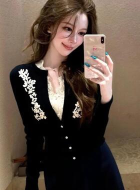 正品哥家新2026春秋法式黑色蕾丝假两件羊毛针织衫气质收腰上衣