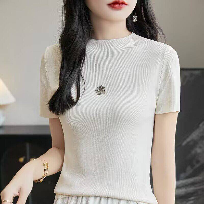 正品哥家新2026夏季山茶花装饰白色针织衫女半高领修身显瘦T恤