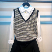 正品 哥家新新款 2025春秋田园风拼色格子V领针织背心马甲女打底