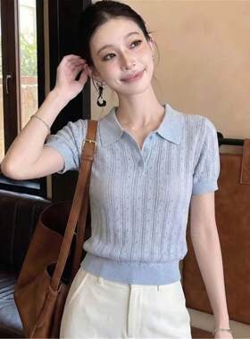 正品哥家新2026夏季polo领镂空短袖t恤女短款修身显瘦冰丝上衣