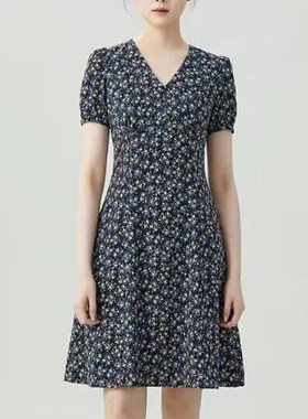 正品哥家新女装2025夏新款复古减龄V领收腰碎花短袖洋装连衣裙