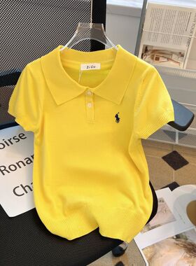 正品哥家新2025夏新款小香风黄色polo领刺绣显瘦冰丝针织衫短袖