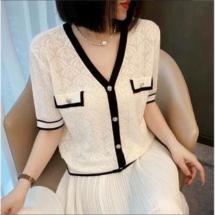 哥家新女装 V领提花针织衫 2025夏季 开衫 小香风口袋盖拼色短袖 正品