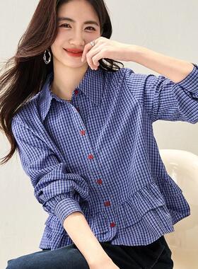 正品哥家新2026春秋蓝色格子衬衫长袖宽松POLO领纽扣设计感上衣