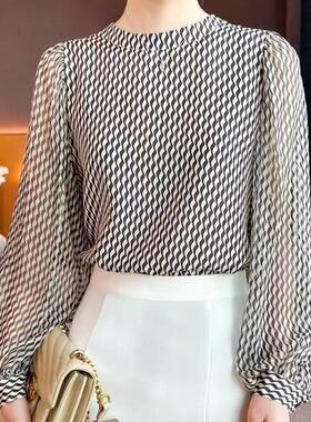 正品哥家新2026春秋休闲波浪条纹衬衫女宽松圆领灯笼袖气质上衣