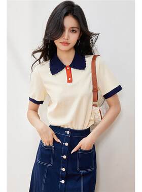 正品哥家新2025新款女夏装时尚翻领撞色短袖T恤休闲减龄POLO衫