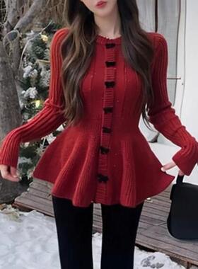 正品哥家新2026秋冬新年红色蝴蝶结羊毛针织衫荷叶下摆收腰毛衣