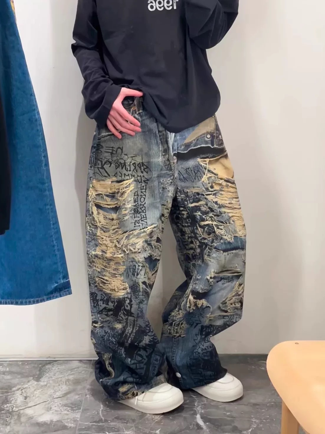 AC风格3D打印美式复古涂鸦印花牛仔裤男2025夏季新款高街设计感