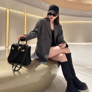 气质可收腰多穿法腰带可卸双层领手工缝线灰色西装 2026春秋款 时尚