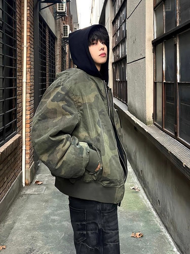 NOHASHTAG迷彩棉服男款冬季高级感痞帅飞行夹克美式复古棉衣