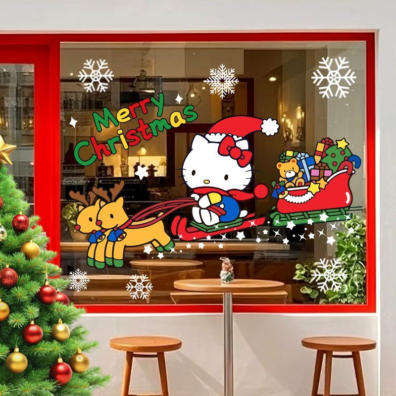 商场店铺kitty猫静电贴纸圣诞风橱窗玻璃圣诞节装饰卡通场景布置