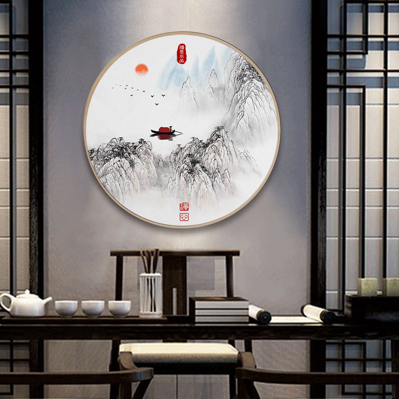 新中式圆形装饰画客厅水墨画沙发背景墙实木框玄关画背有靠山挂画,家居饰品,现代装饰画,淘宝优惠券,粉丝福利购,淘宝优惠卷