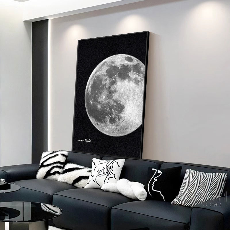 黑白灰月球客厅装饰画轻奢砂岩
