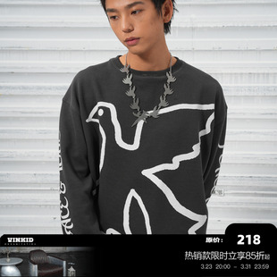 复古重磅秋季 Vinkid 美式 单和平鸽子华夫格长袖 休闲卫衣男女 云梯