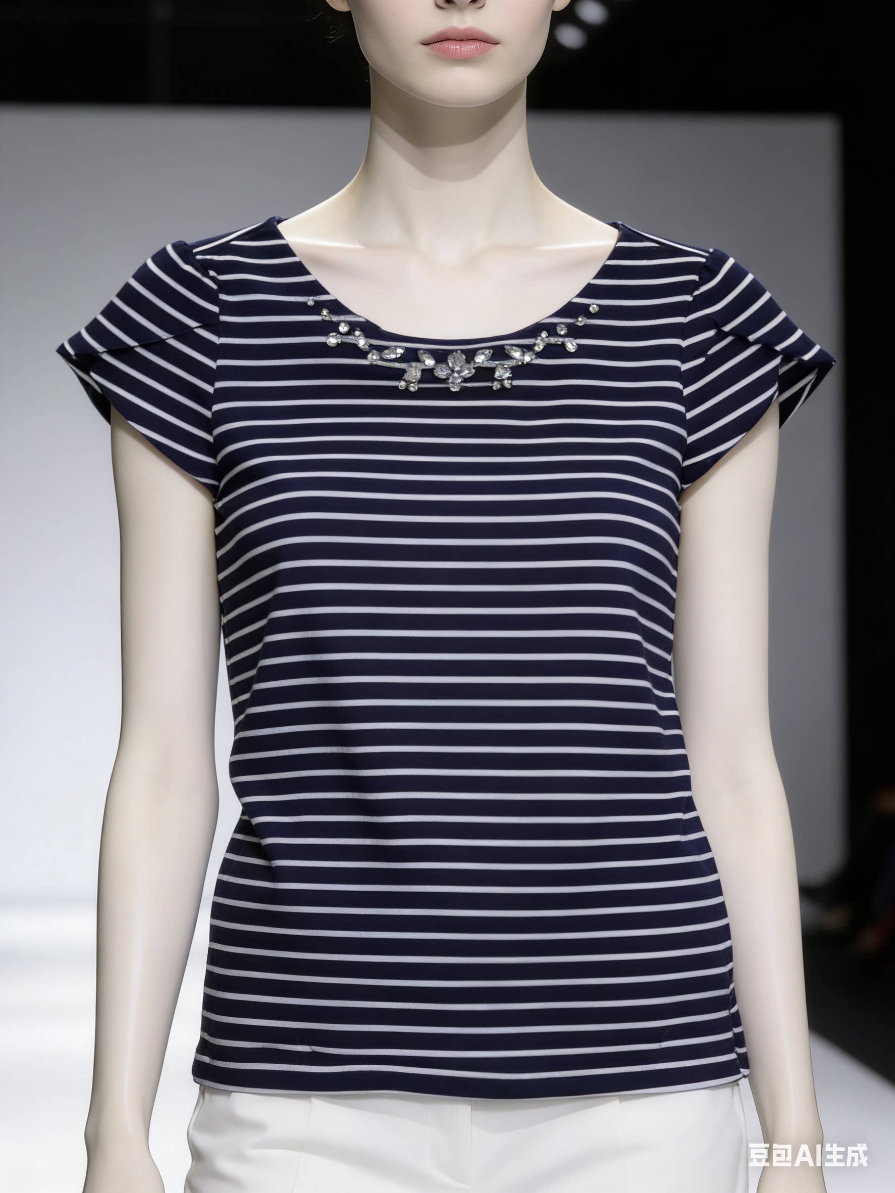 特价新款日单夏季女条纹手工镶钻圆领短袖t恤清仓处理