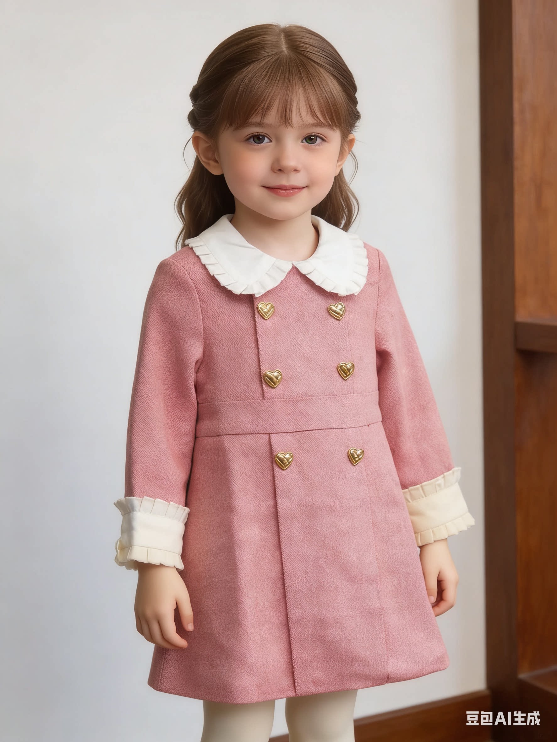 韩版新款秋冬季长袖娃娃领双排扣洋气粉红色童装女孩可爱公主裙