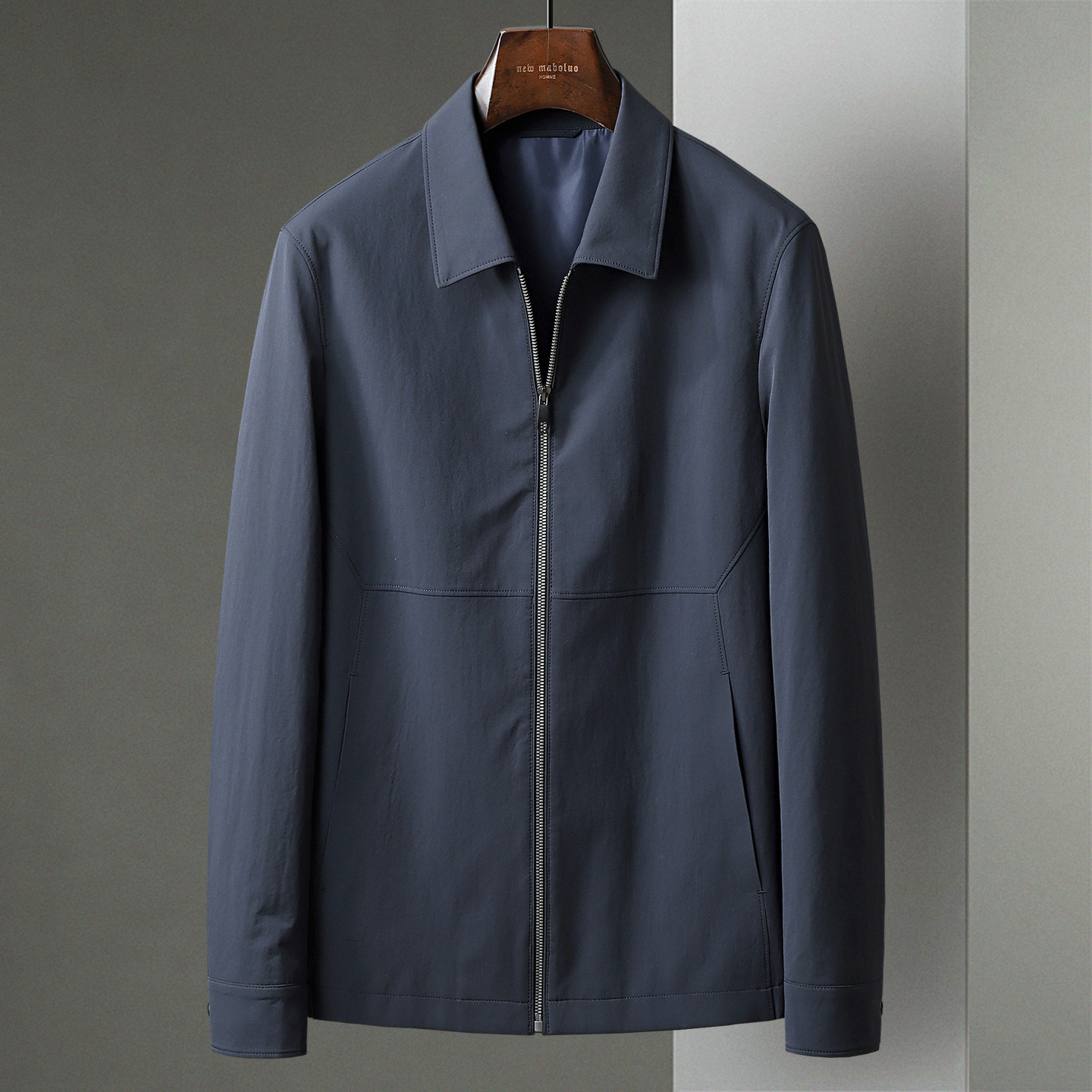 春秋新款男士商务休闲藏蓝色翻领中年夹克男装上衣轻薄茄克衫外套