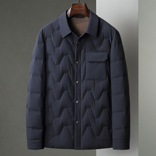 深藏青色轻盈微弹面料鸭绒羽绒服男中年商务休闲翻领短款茄克外套