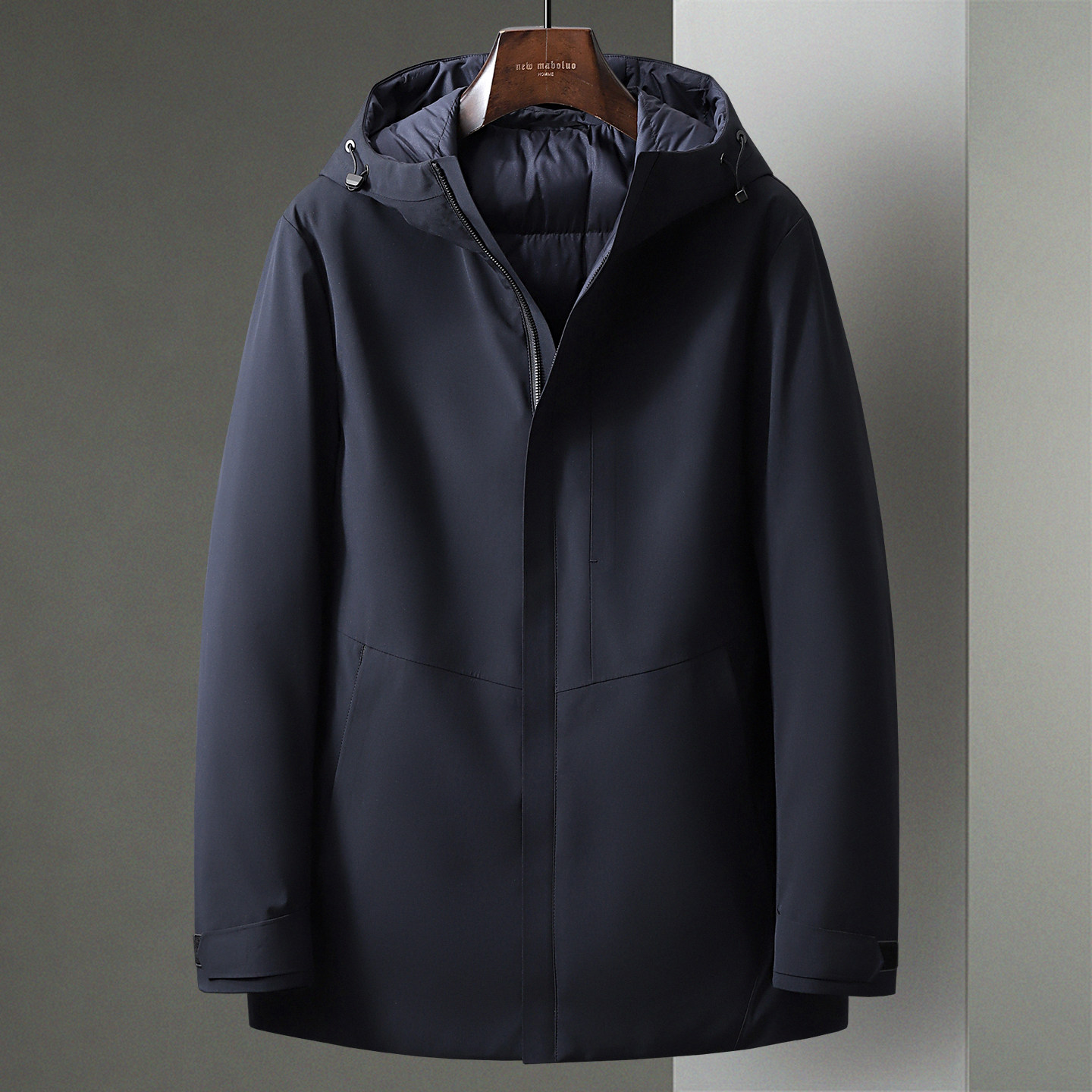 深藏青色冬季新款连帽鸭绒羽绒服男士中年拉链袋商务通勤风衣外套