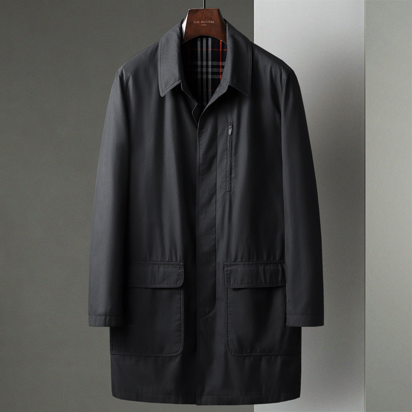黑色薄款男单排扣中长款风衣外套中年春秋季新款商务休闲翻领男装