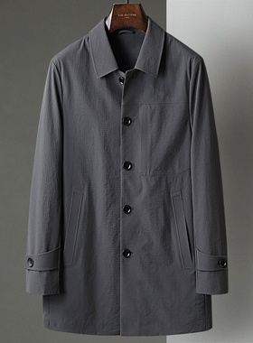 秋季新款翻领商务休闲中年商务男士褶皱面料单排扣中长款风衣外套